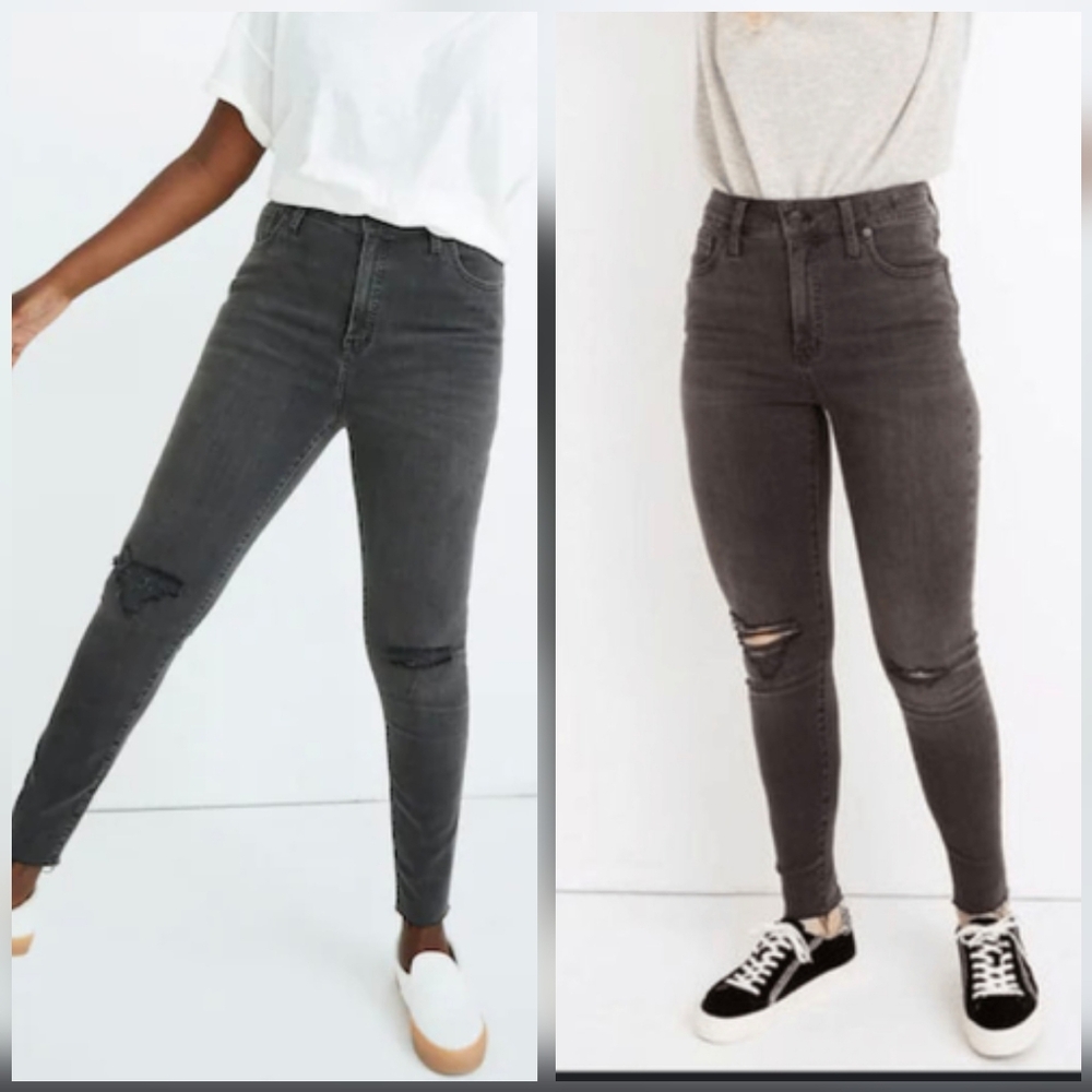 Madewell Curvy High Rise Skinny Ripped Knee Raw Hem Washed Black Sea Dark Grey